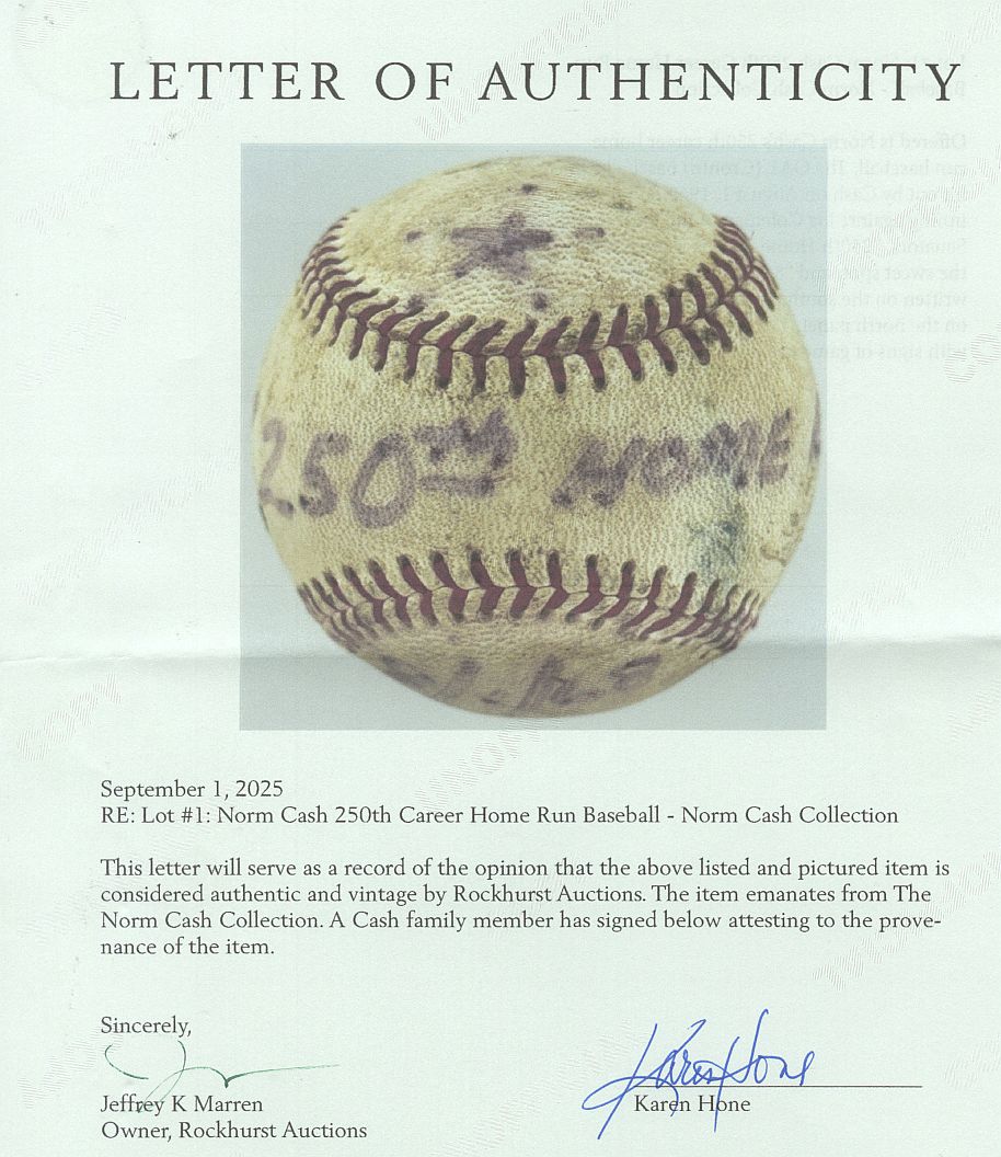Norm Cash 250th Career Home Run Baseball - Cash Family LOA