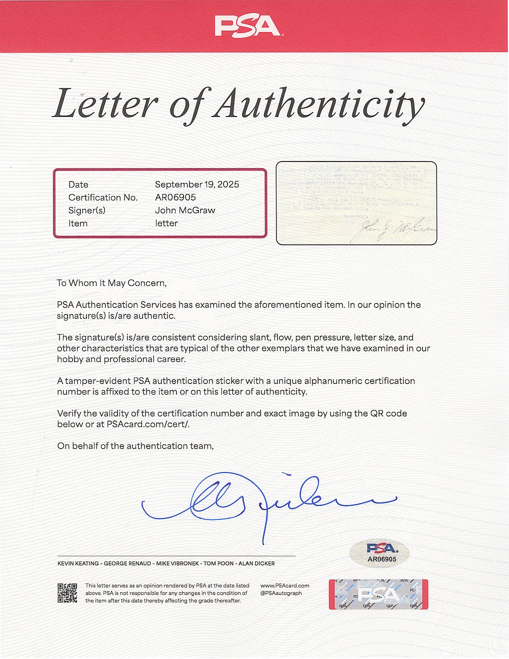 John McGraw Baseball HOF Signed Autographed Letter to HOFer - George Kelly PSA/DNA LOA