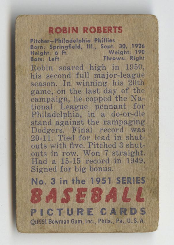 1951 Bowman Robin Roberts #3 Signed Autographed Baseball Card Phillies