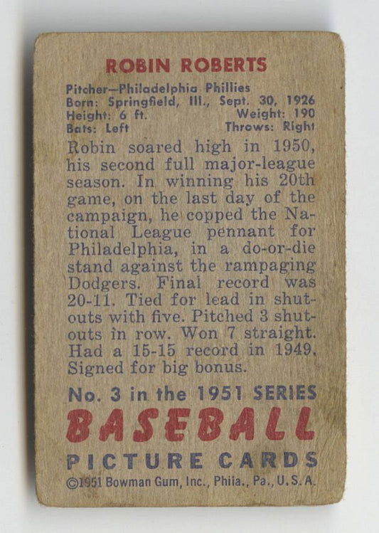 1951 Bowman Robin Roberts #3 Signed Autographed Baseball Card Phillies
