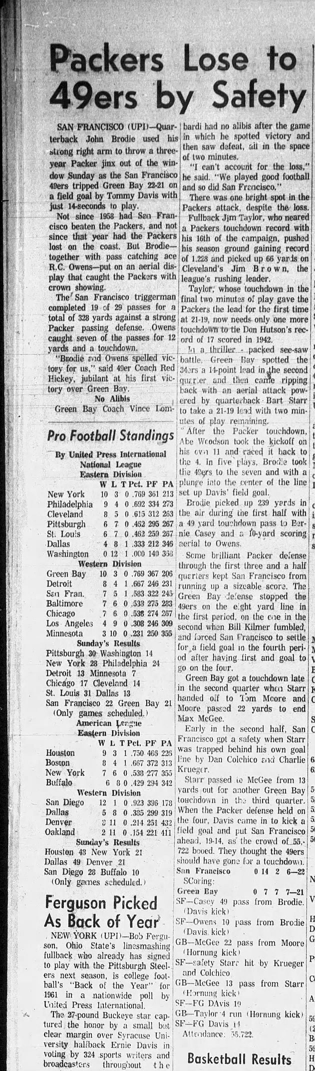 1961 SAN FRANCISCO 49ERS vs GREEN BAY PACKERS ticket stub 12/10/61 Brodie/Starr