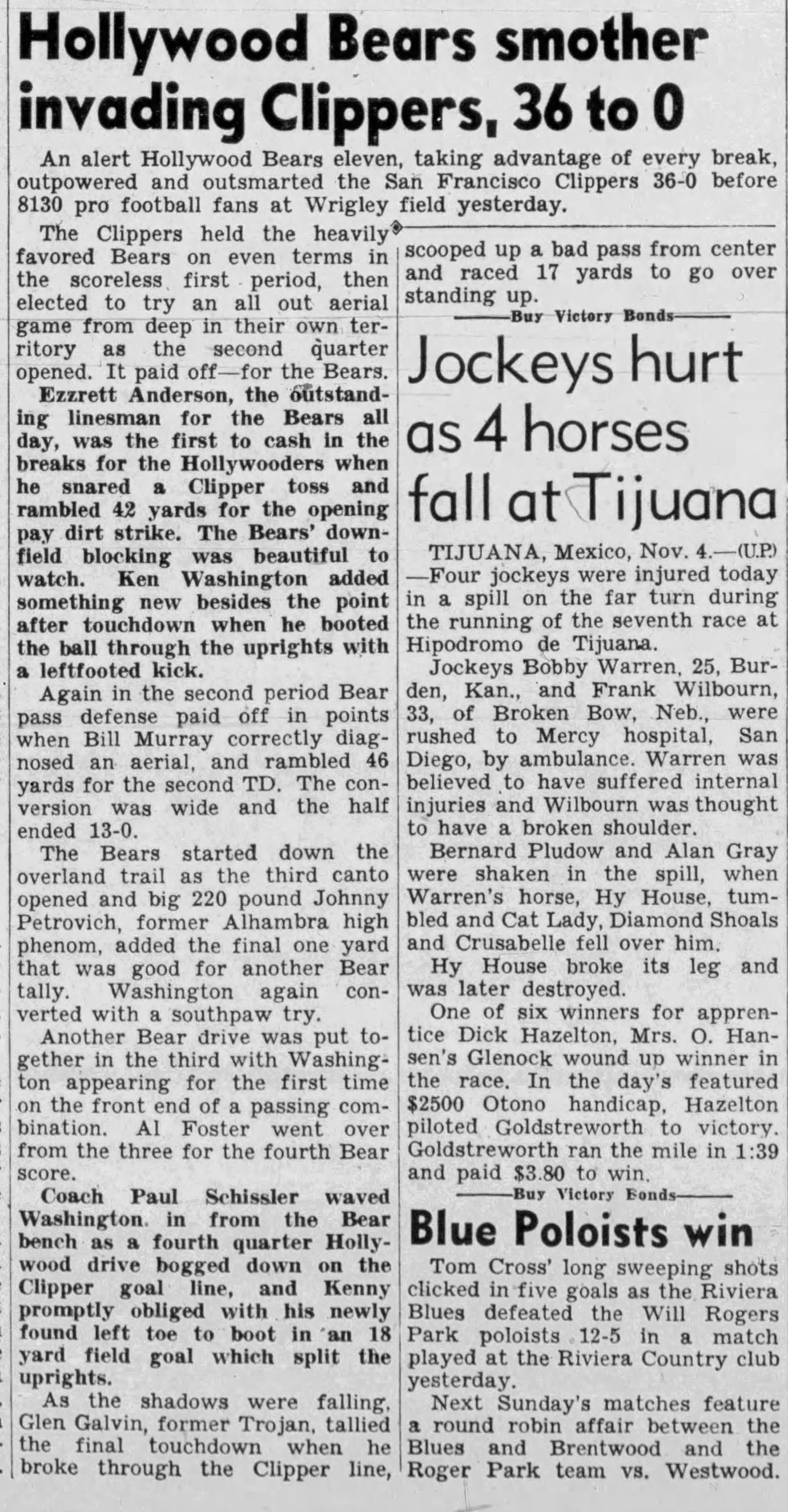1945 Hollywood Bears vs San Francisco Clippers Ticket Stub - Kenny Washington Woody Strode