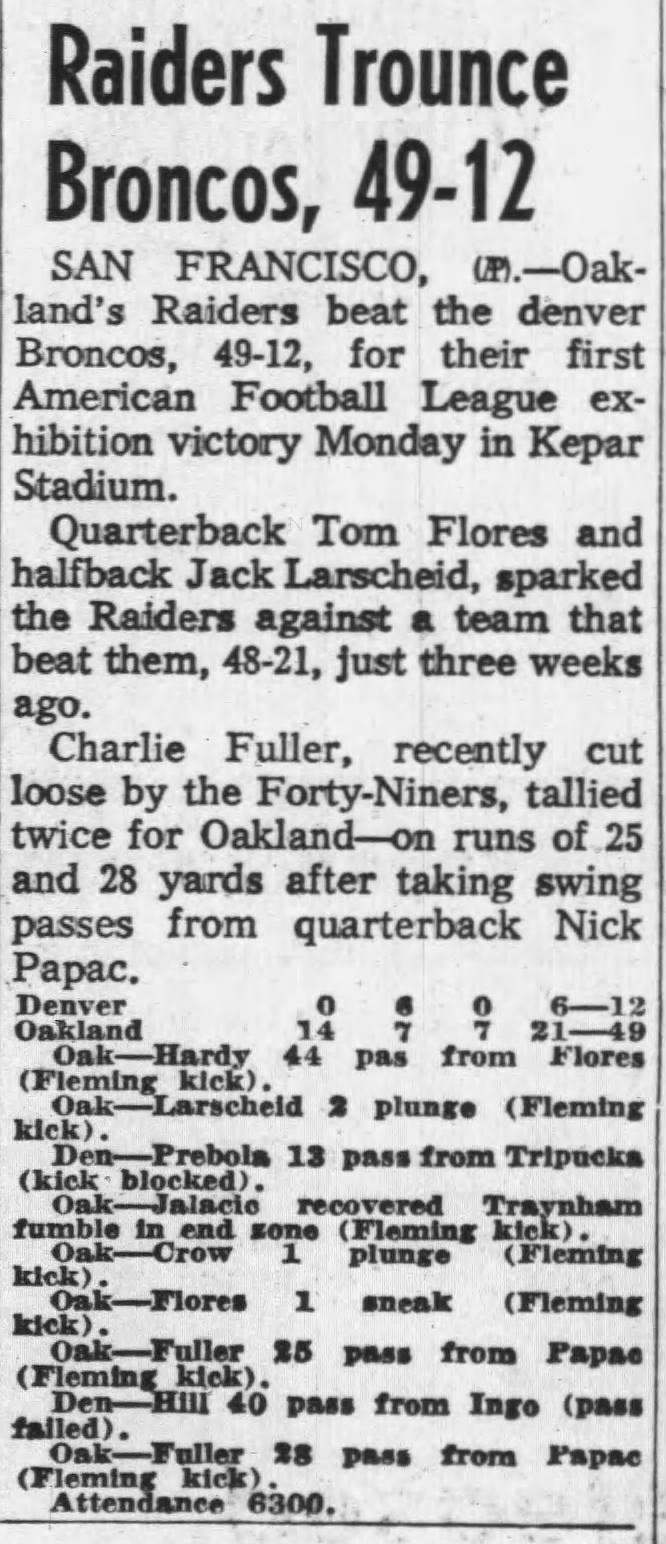 1961 Oakland Raiders vs Denver Broncos AFL Football Game FULL TICKET