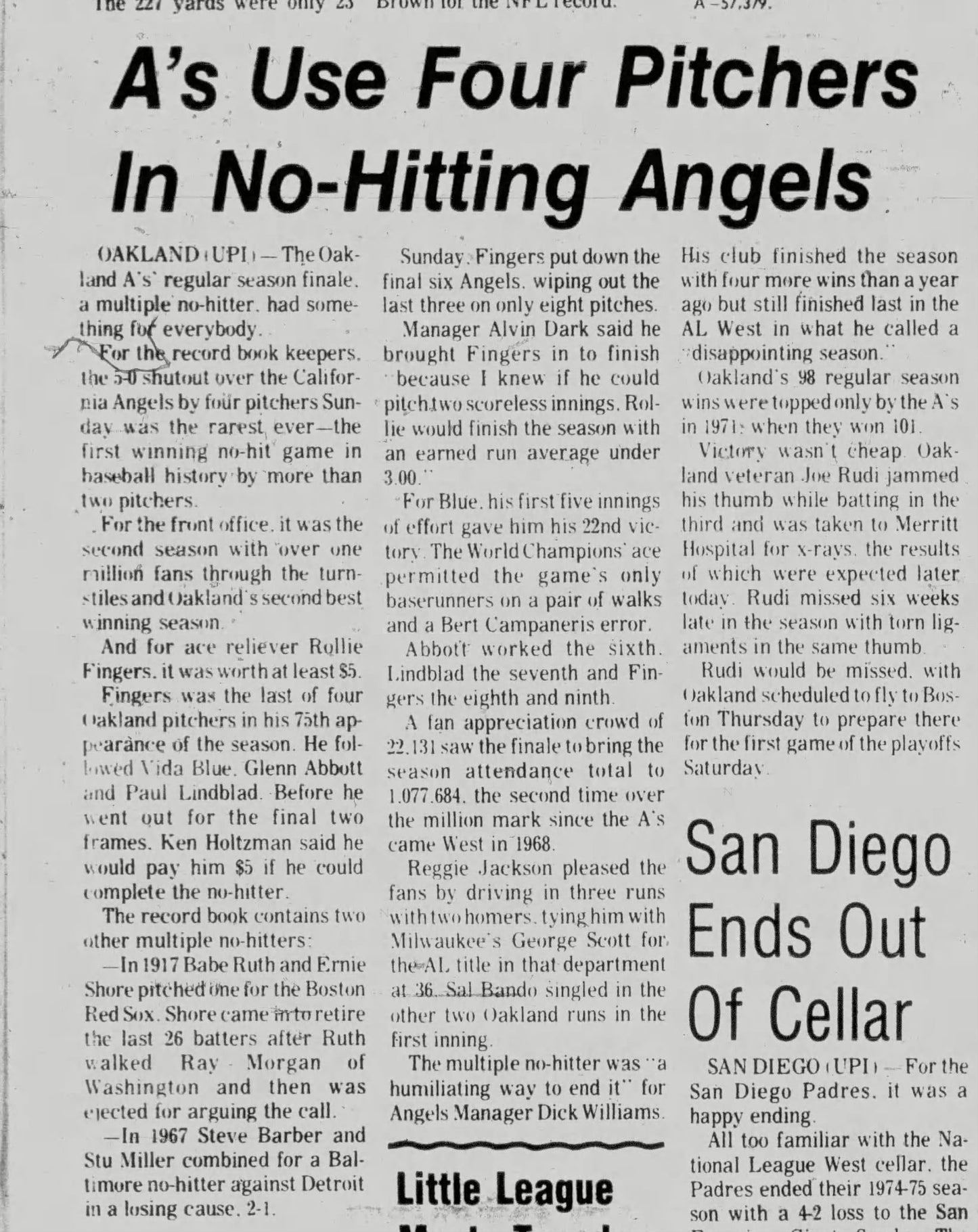 1975 Oakland A's vs Angels Ticket Stub Historic No Hitter September 28, 1975