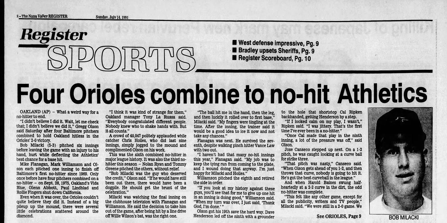 1991 Oakland A's vs Baltimore Orioles Ticket Stub Historic No Hitter 7/13/1991