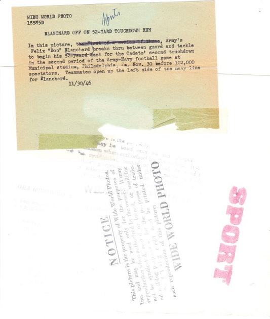 Doc Blanchard 52 yard TD run Army vs. Navy 1946 Wide World Photo