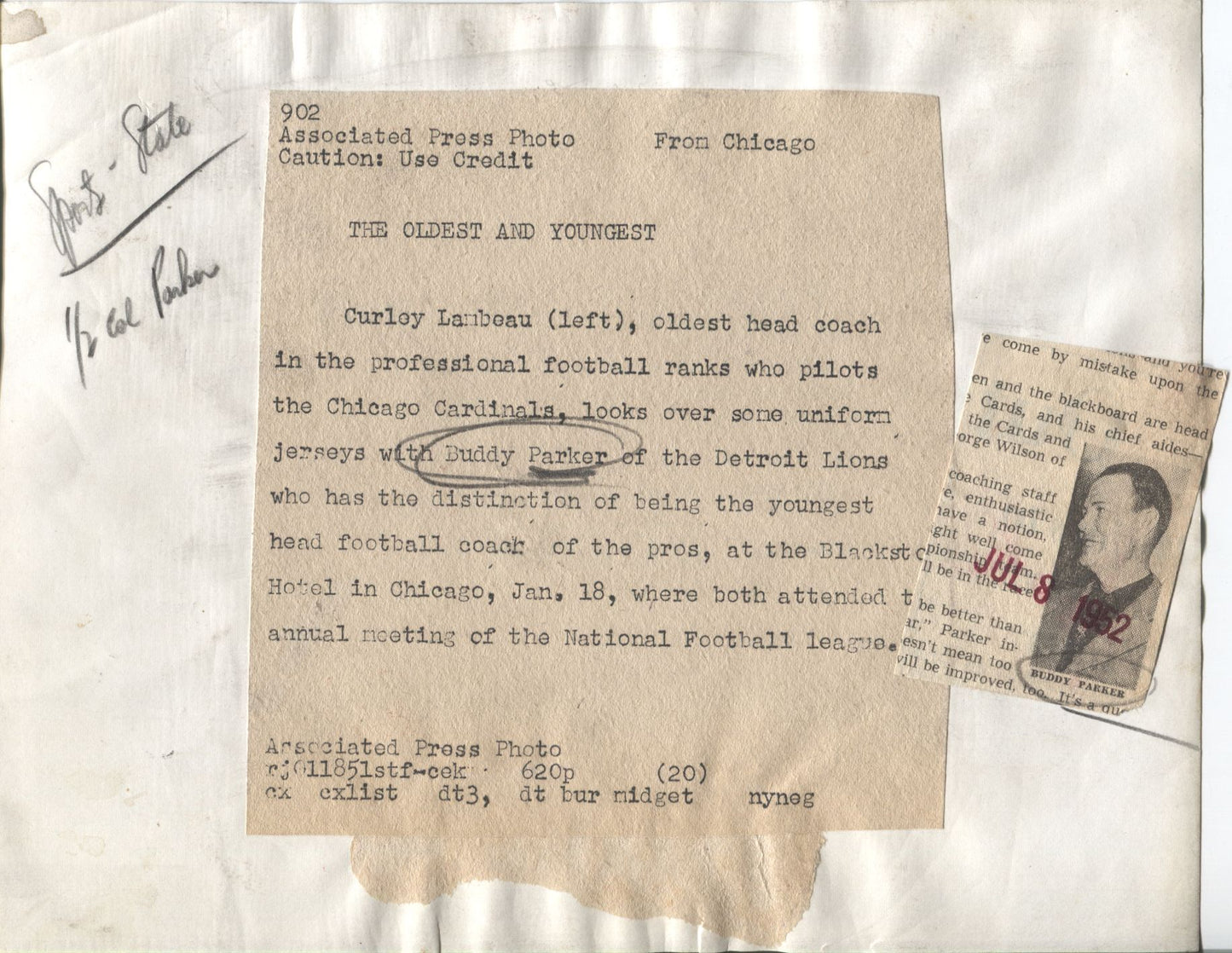 Curly Lambeau & Coach Buddy Parker Looking at Jerseys original 1952 photo