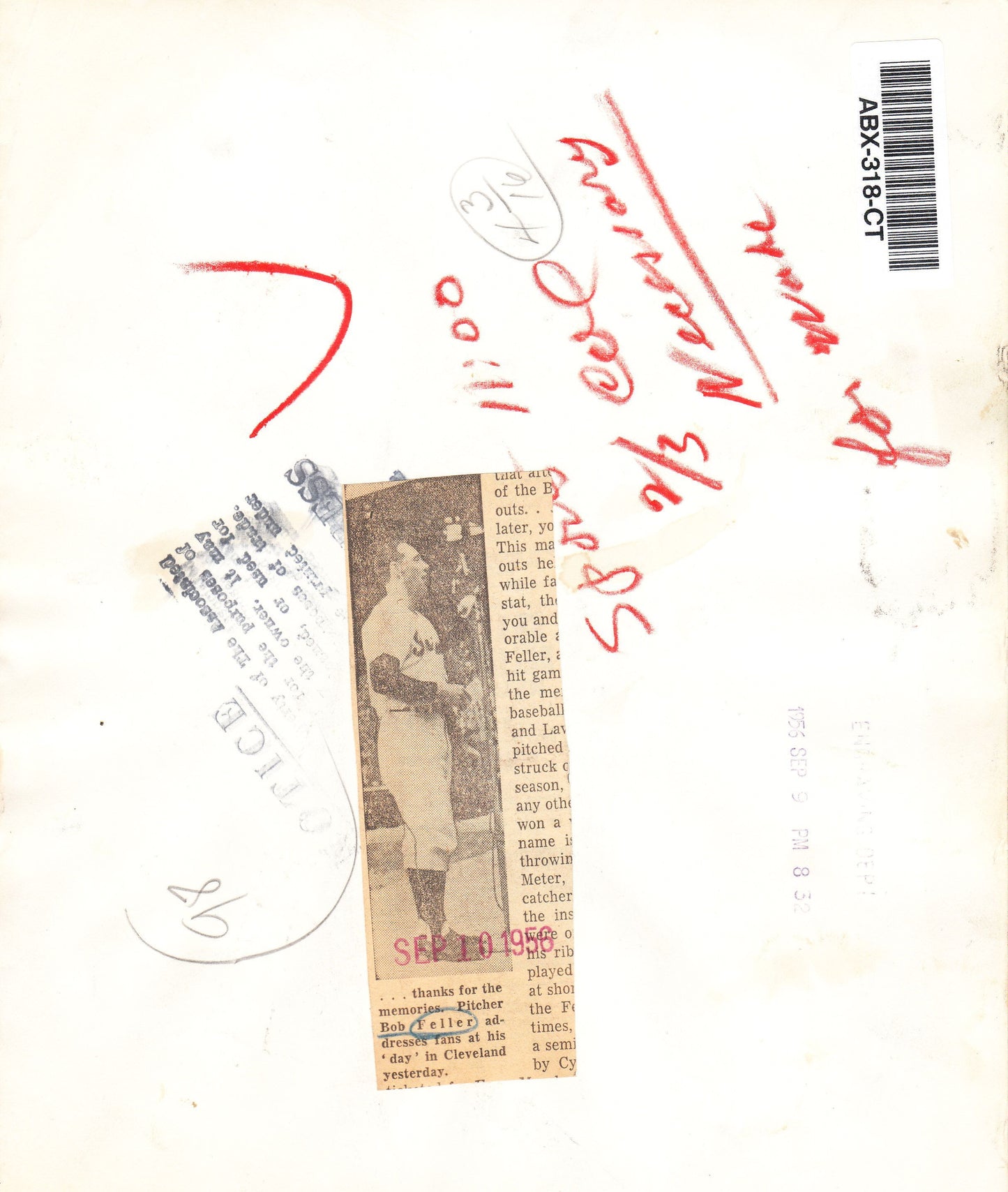 Bob Feller Honored in 1956 with Tris Speaker original AP wire photo