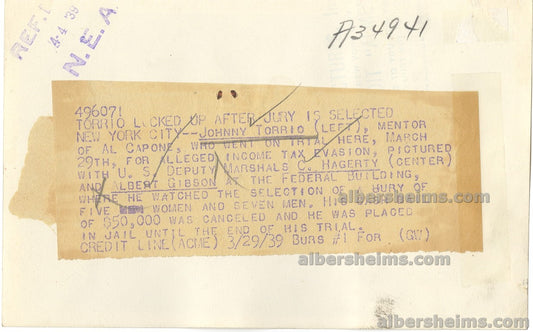 1939 Johnny Torrio Chicago Mob Boss Al Capone’s Mentor On Trial Original TYPE I Photo