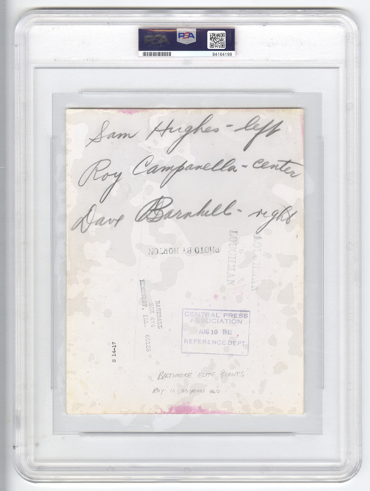 1942 Baltimore Elite Giants Negro League Roy Campanella – Sam Hughes – Wild Bill Wright Original TYPE I Photo PSA/DNA