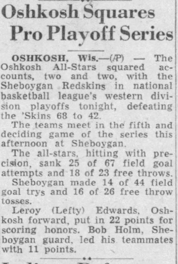 March 16, 1946 Oshkosh All Stars vs Sheboygan Redskins Game 4 NBL Playoffs Scorecard Program Lefty Edwards 22 Points!
