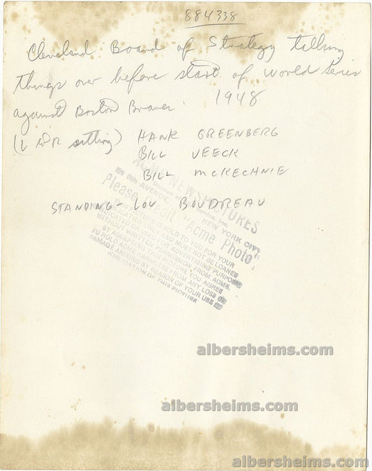 1948 Indians Board of Strategy Discuss World Series Hank Greenberg, McKechnie, Veeck, & Boudreau Original TYPE I Photo