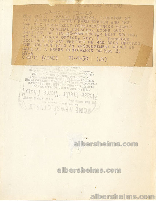 1951 Brooklyn Dodgers Farm Director Fresco Thompson Roster Chalkboard /w Jackie Robinson Original TYPE I Photo