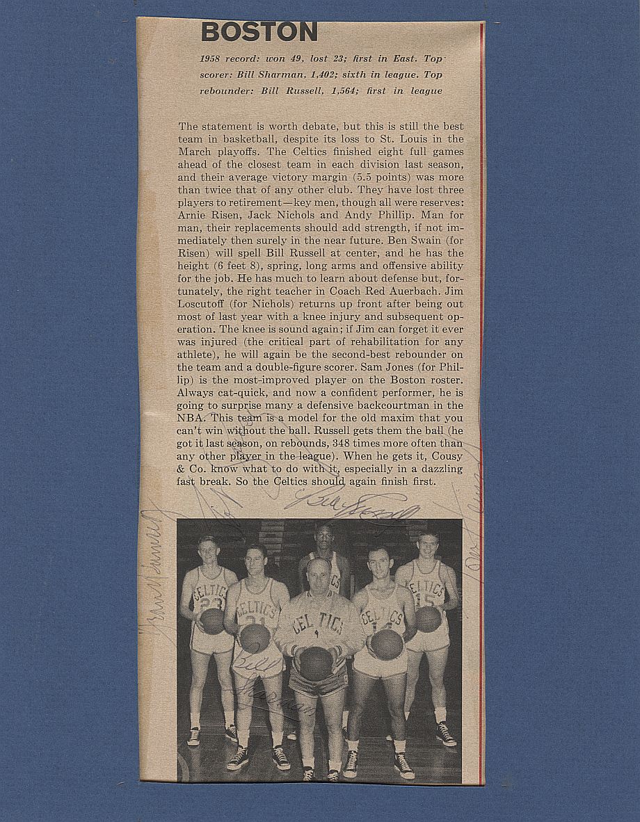 1957-58 Boston Celtics Team Signed Autographed Magazine Photo NBA Finals /w Bill Russell