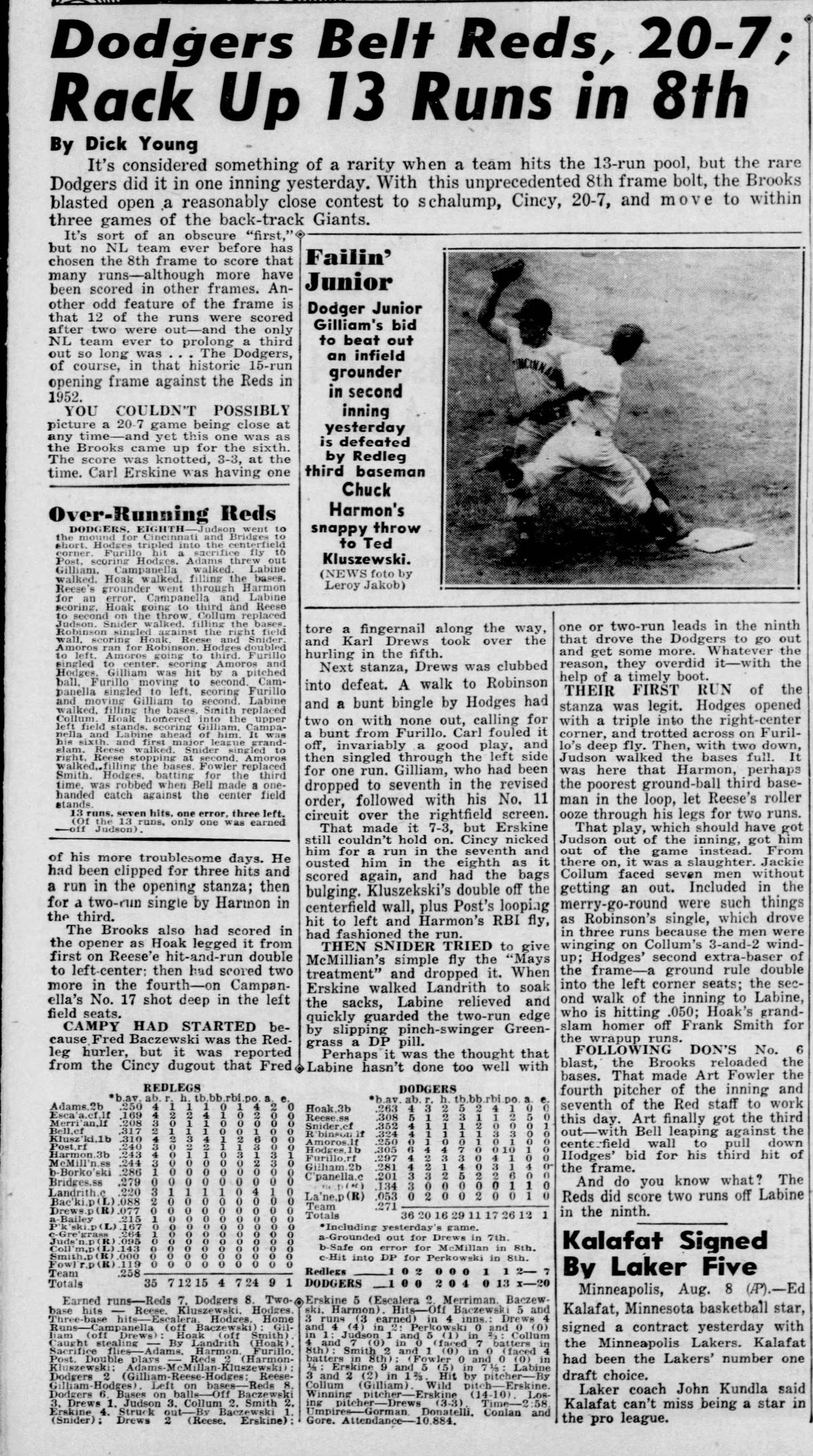 1954 Dodgers vs Reds 8/8 Ticket Stub - 20-7 Rout, Jackie 1-4, 3 RBI, Campy HR #175 PSA 3 POP 1