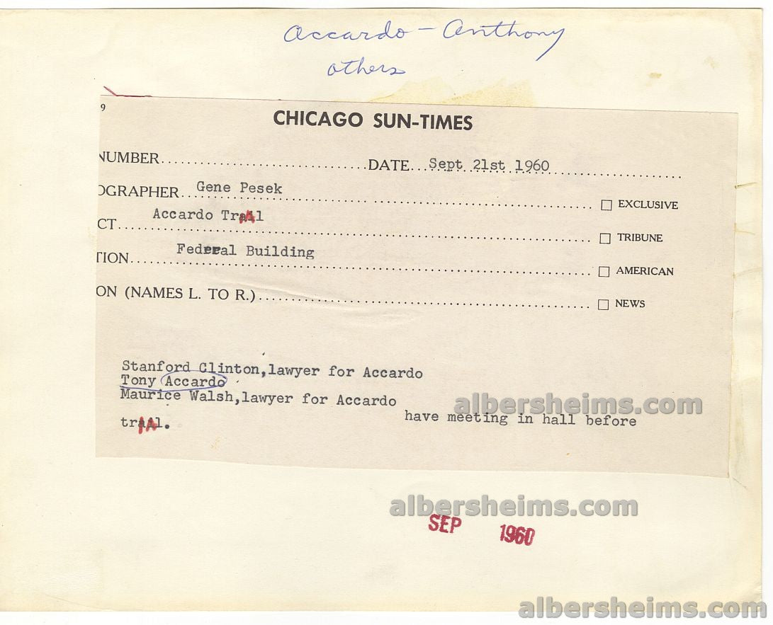 1960 Chicago Mafia Boss – Tony Accardo Court Original TYPE I Photo Original TYPE I Photo