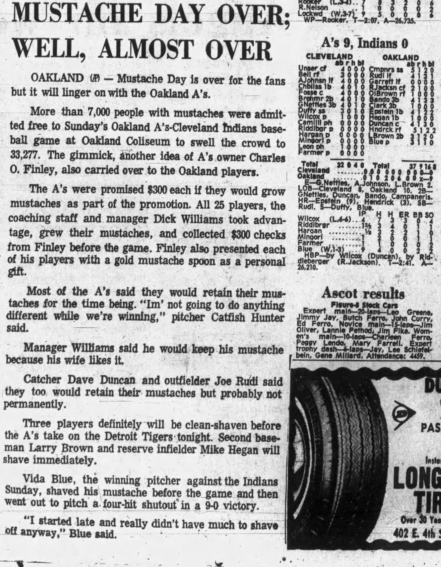 June 8, 1972 Oakland A’s vs Indians Mustache Day Father’s Day Ticket Stub #B