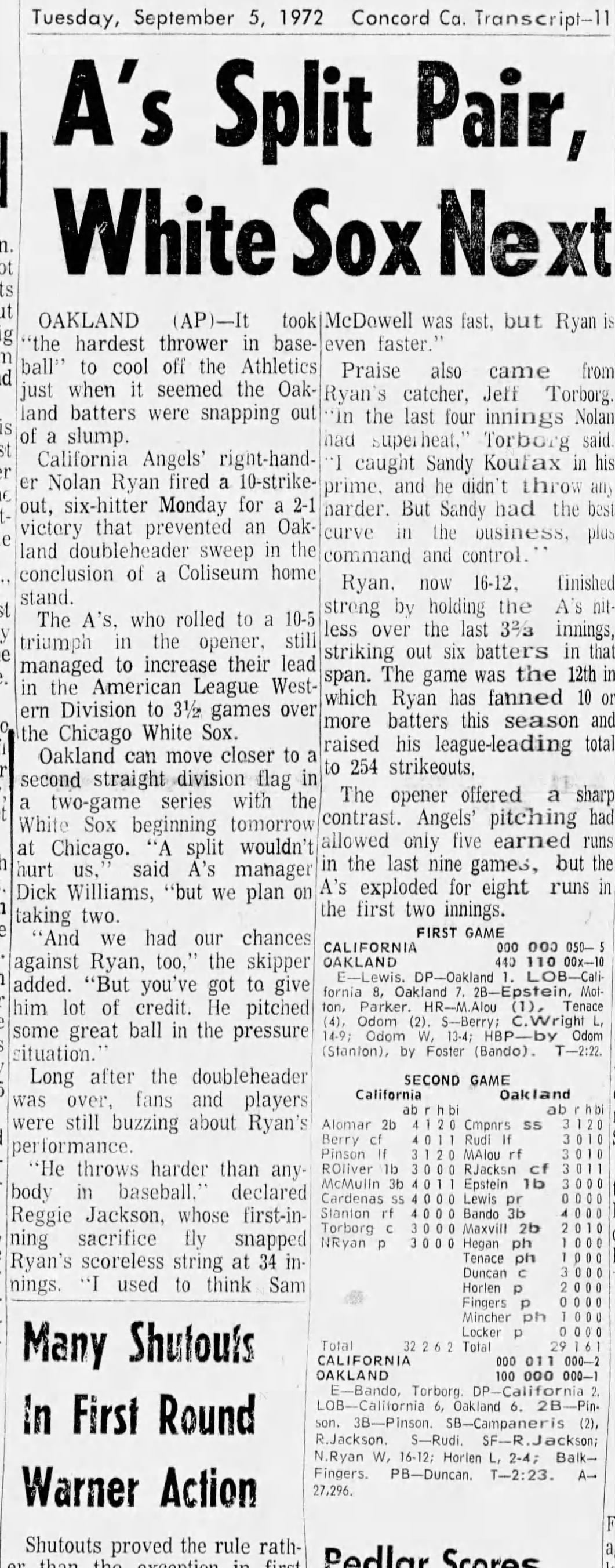 Nolan Ryan Win #45 – September 4, 1972 California Angels Oakland A's Ticket Stub