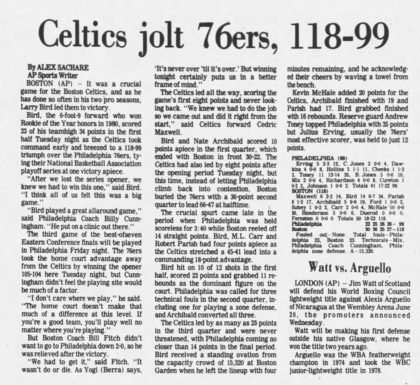 1981 NBA Game 2 Eastern Conference Finals Play-Off Game Ticket Stub Larry Bird 34 Pts/16 RBDs