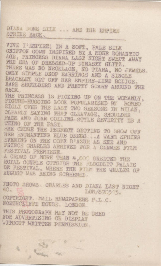 1987 Princess Diana & Prince Charles - The Empire Strikes Back Original Photo