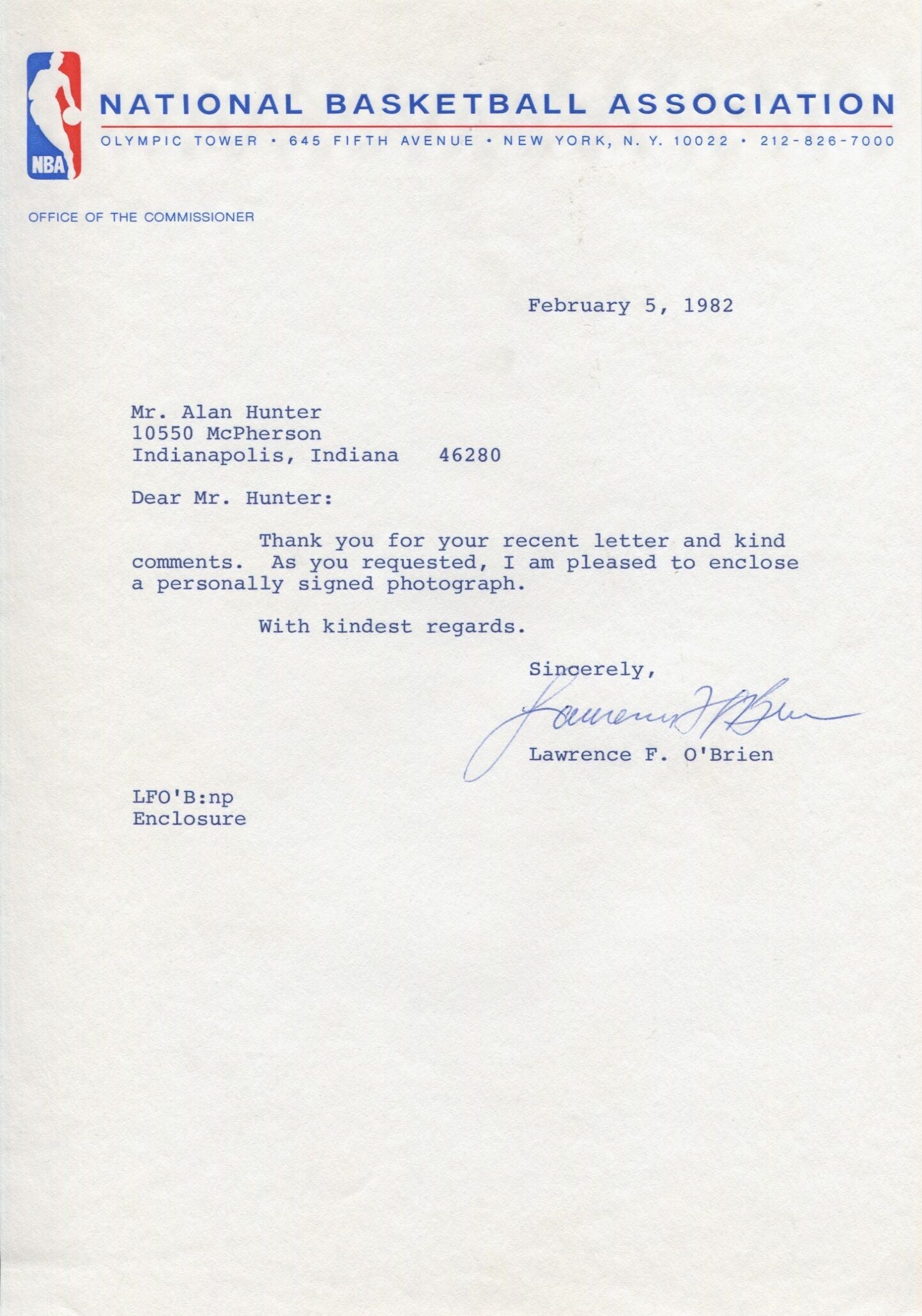 Lawrence Larry O'Brien typed letter signed NBA Commissioner Basketball HOF
