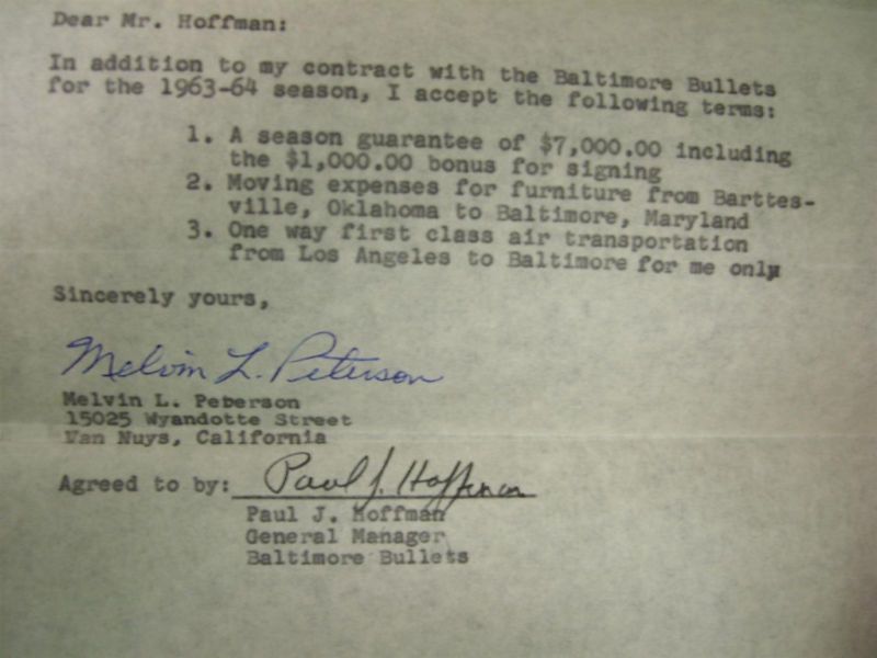 MEL PETERSON 1963 NBA BALTIMORE BULLETS SIGNED PLAYERS CONTRACT