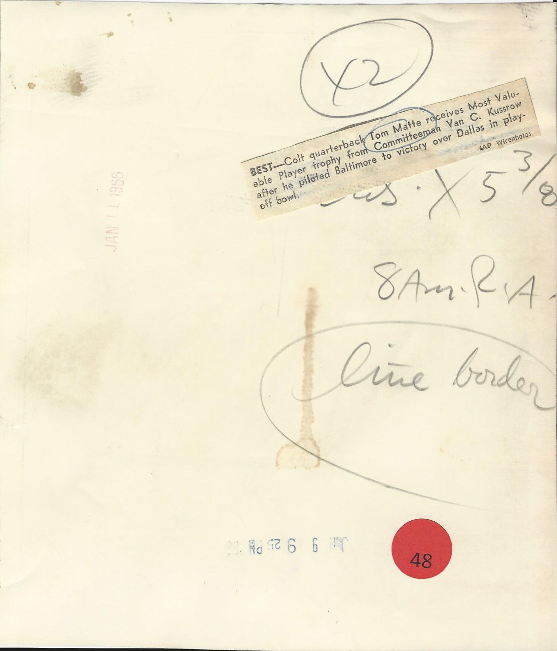 Tom Matte 1966 Baltimore Colts Trophy original photo