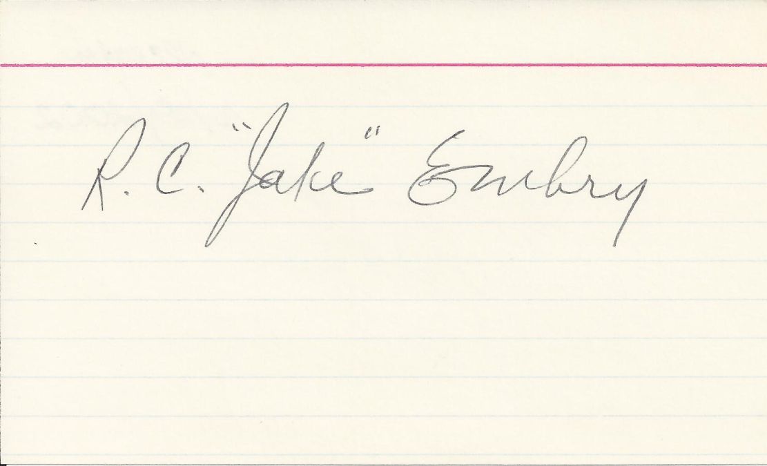 Robert C Jake Embry signed 3x5 card Owner of Baltimore Bullets - Baltimore Colts