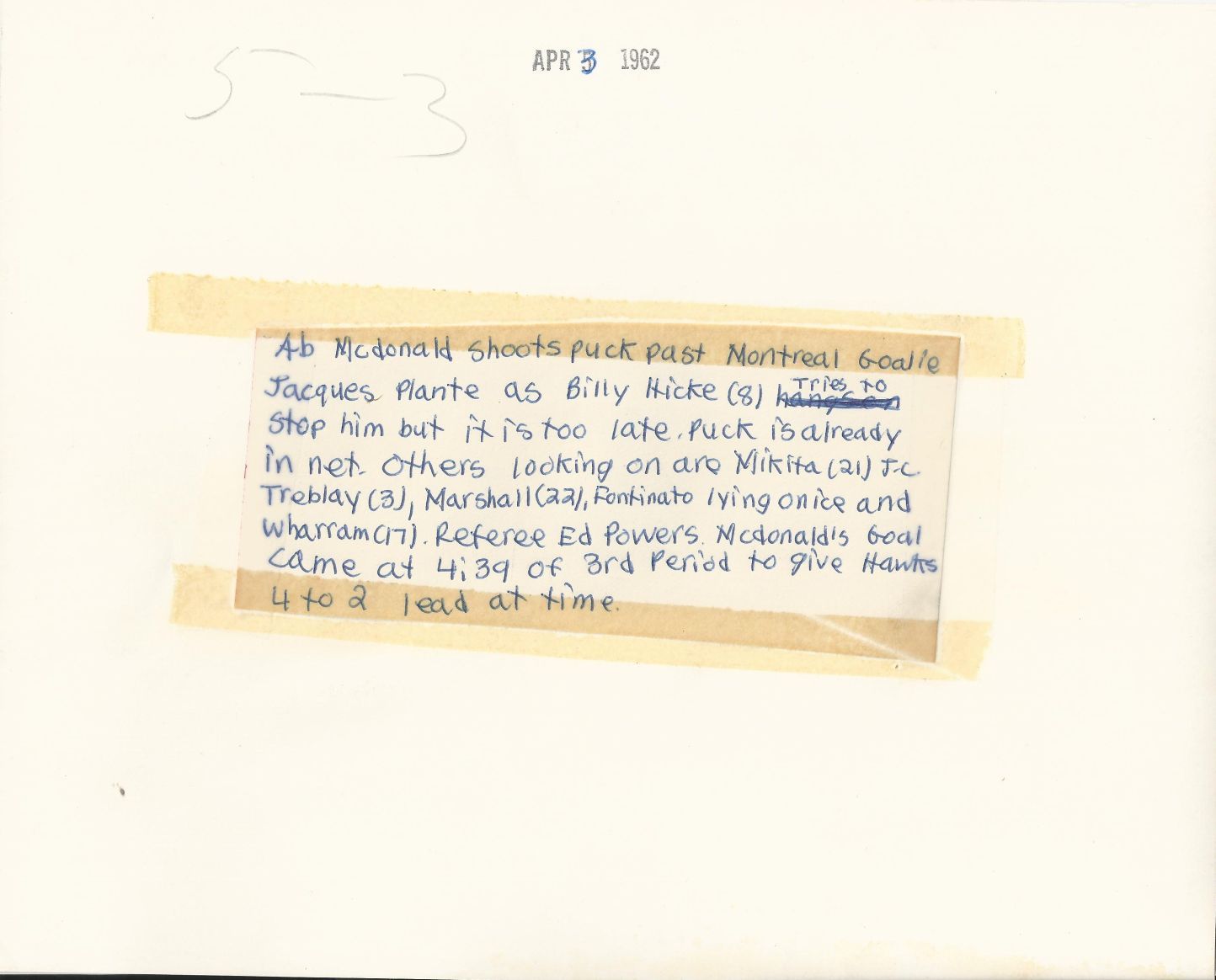 1962 Stanley Cup Finals Jacques Plante - Stan Mikita original photo