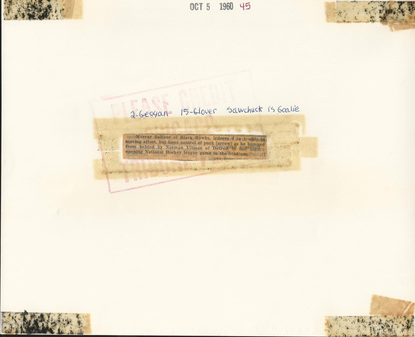 Terry Sawchuk and Murray Balfour original TYPE I original 1960 photo