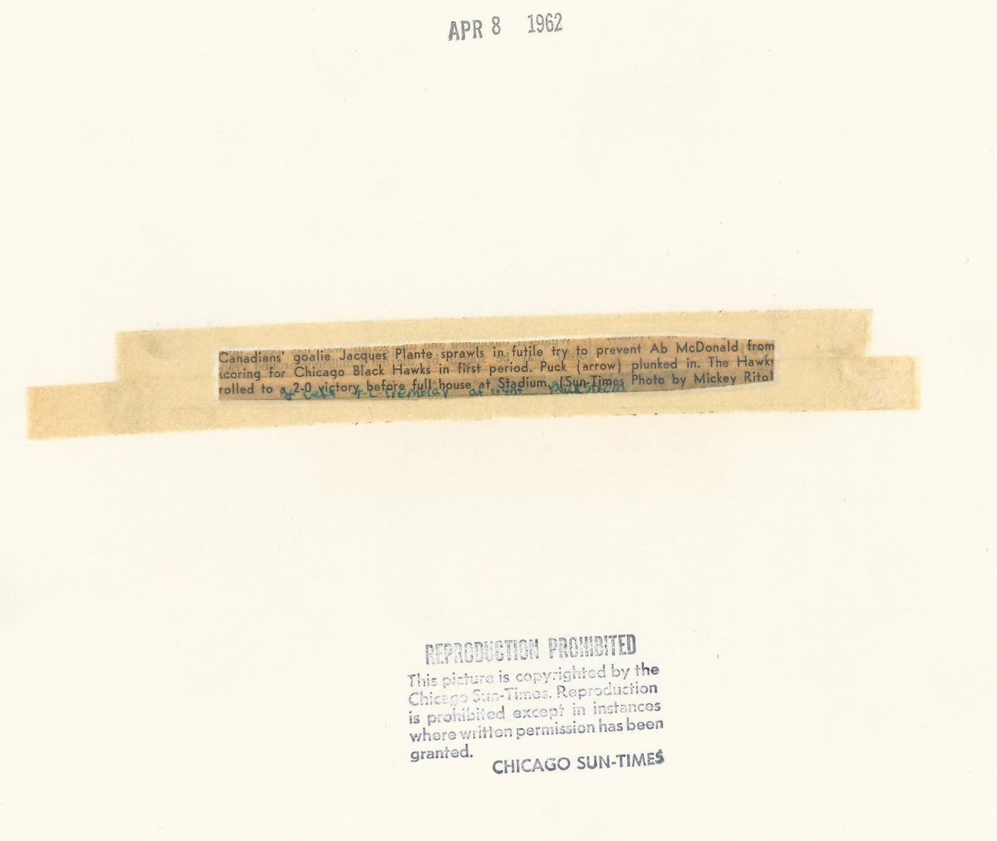 Ab McDonald scores on Jacques Plante original 1962 photo