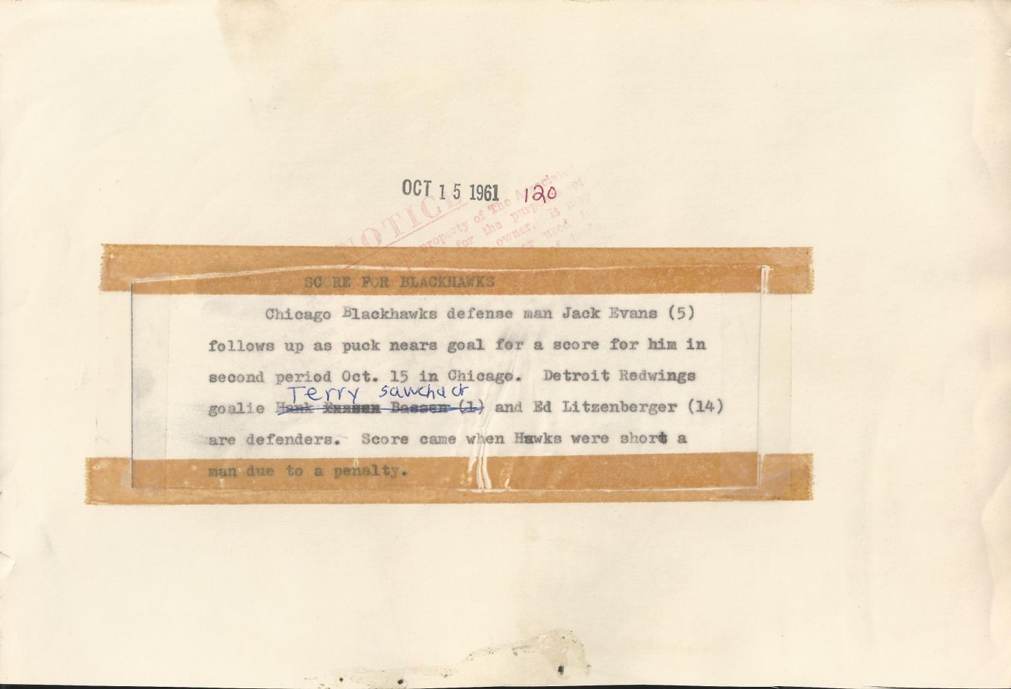 Terry Sawchuk trying to defend goal Original 1961 photo