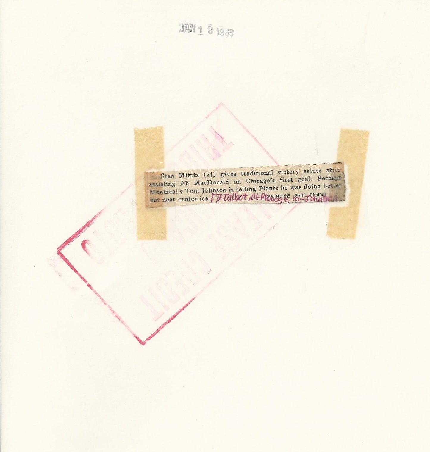 Stan Mikita assists McDonald for Goal on Jacques Plante original 1963 photo