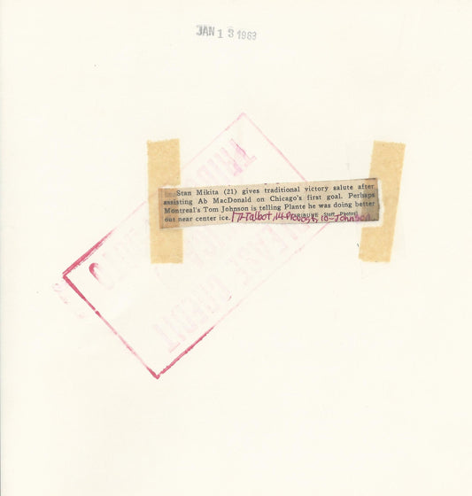 Stan Mikita assists McDonald for Goal on Jacques Plante original 1963 photo