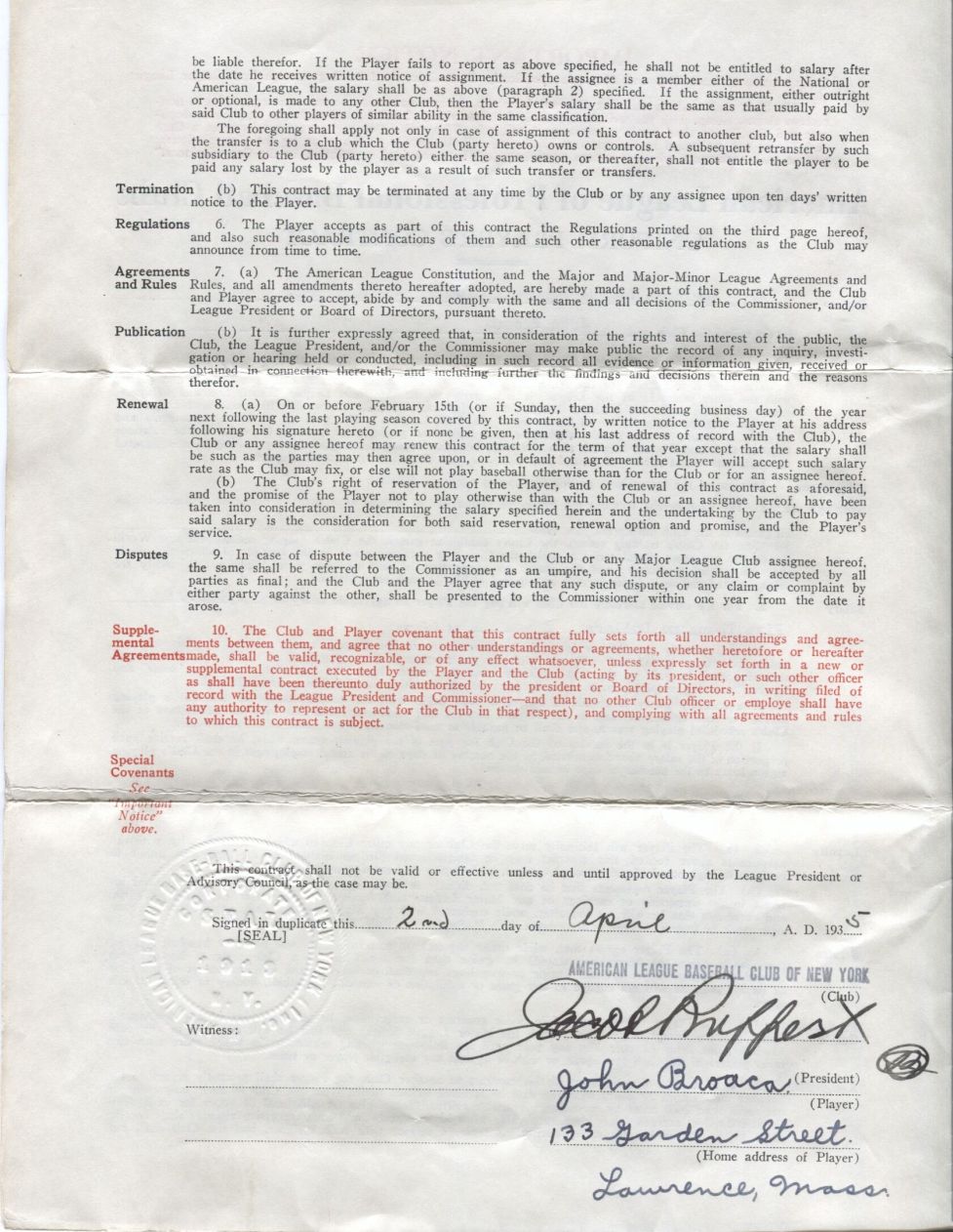 Johnny Broaca Signed 1935 NY Yankees Contract - Harridge
