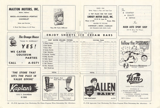 October 28, 1956 Ft. Wayne Pistons vs. Minneapolis Lakers Program & Ticket Stub – George Yardley 27 Pts. – Opening Night in Ft. Wayne