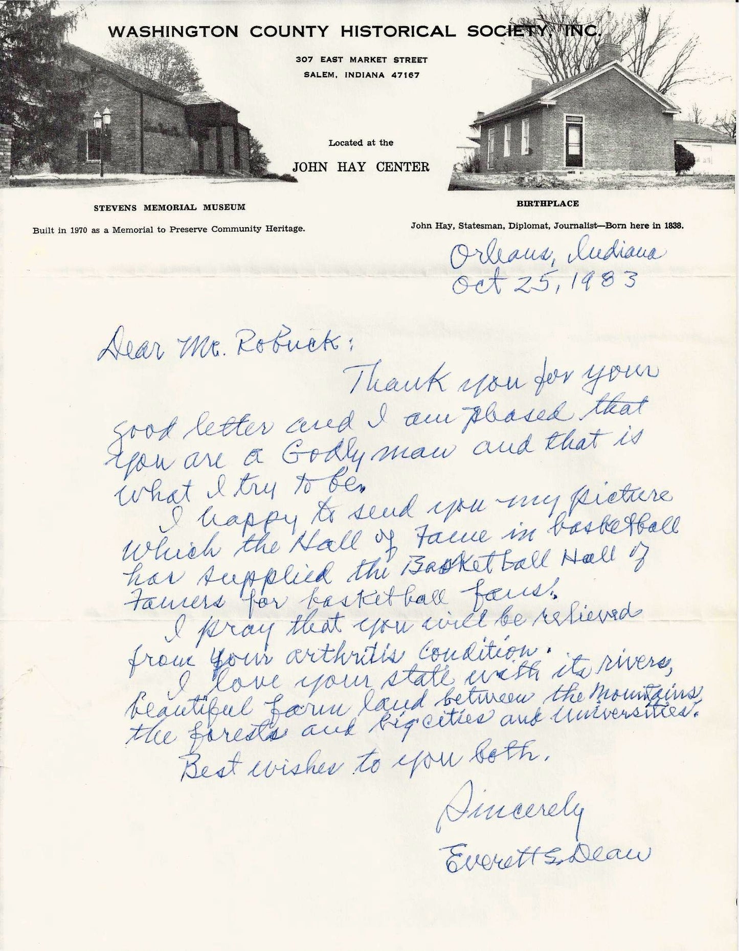 Everett Dean signed handwritten letter Basketball HOF Deceased