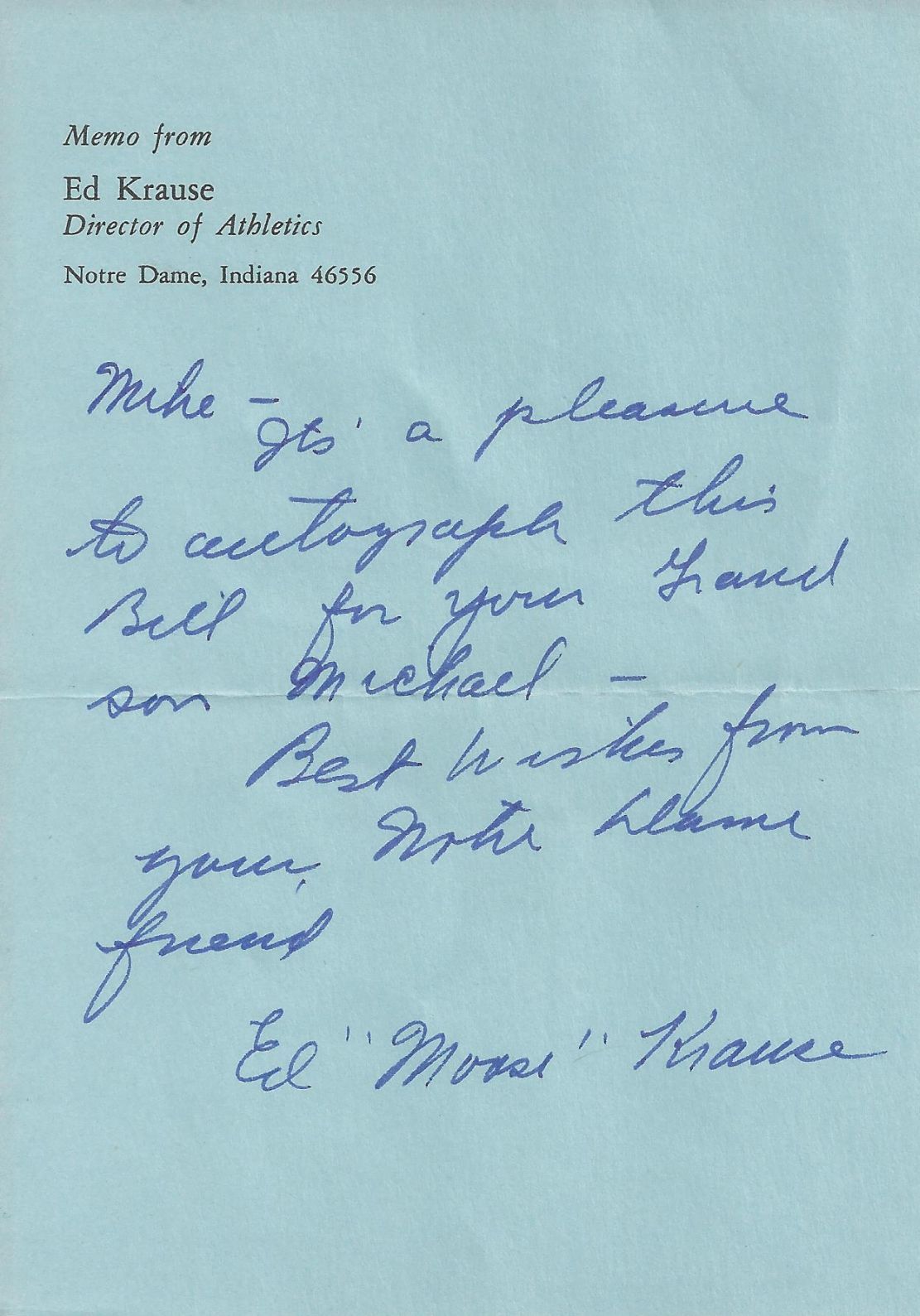 Ed Moose Krause signed letter Basketball HOF - Notre Dame Football