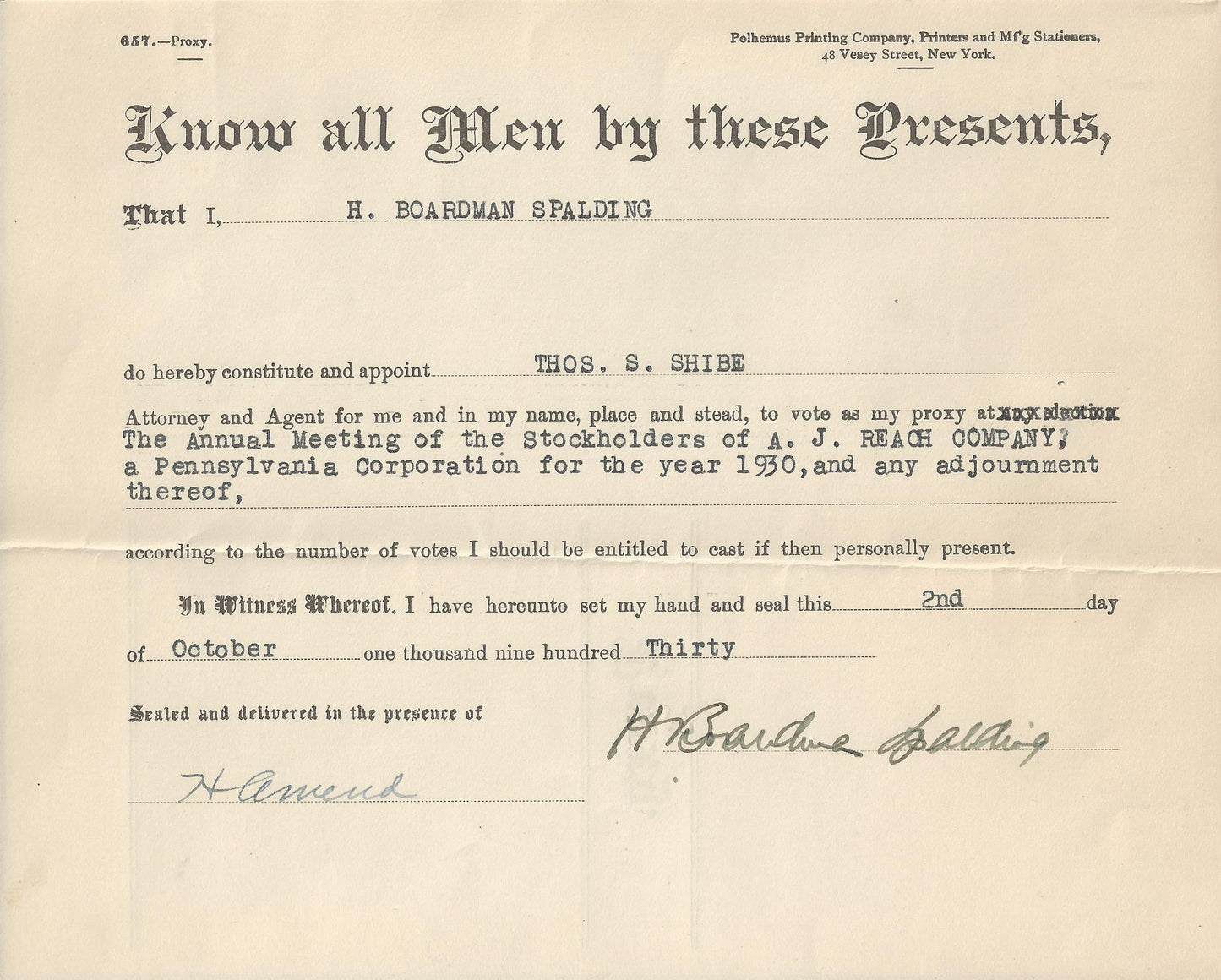H. Boardman Spalding Signed Reach document D. 1971