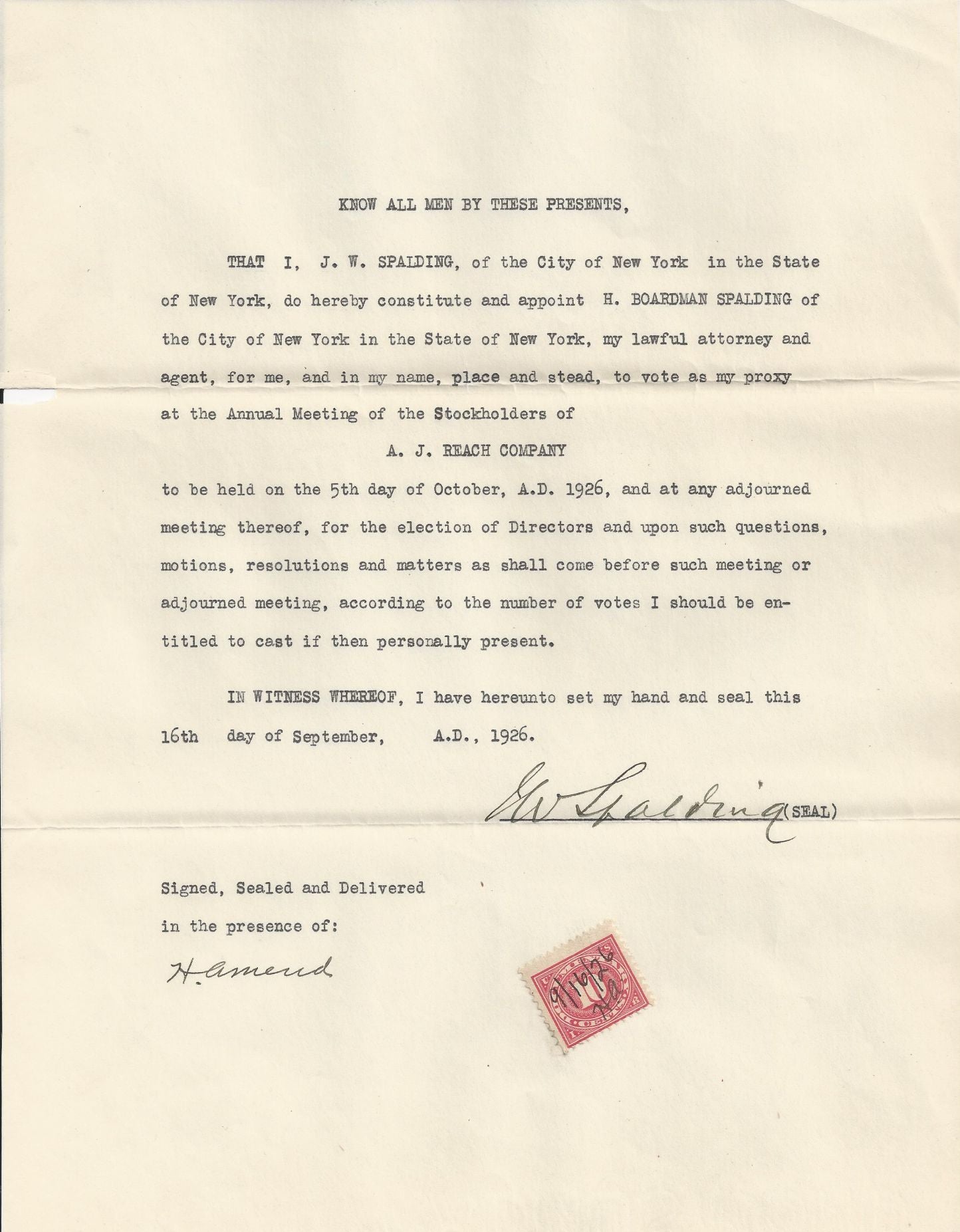 JW James Walter Spalding Signed AJ Reach Document D. 1931 A.G. Spalding