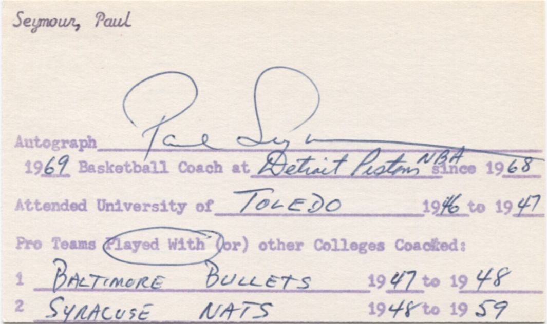 Paul Seymour signed 3x5 Bullets - Nats - Hawks