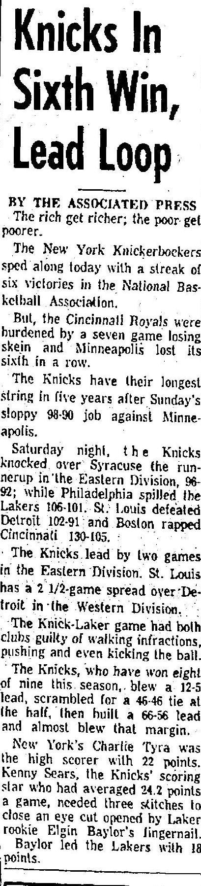 1958 New York Knicks vs. Minneapolis Lakers signed by All-Star Kenny Sears