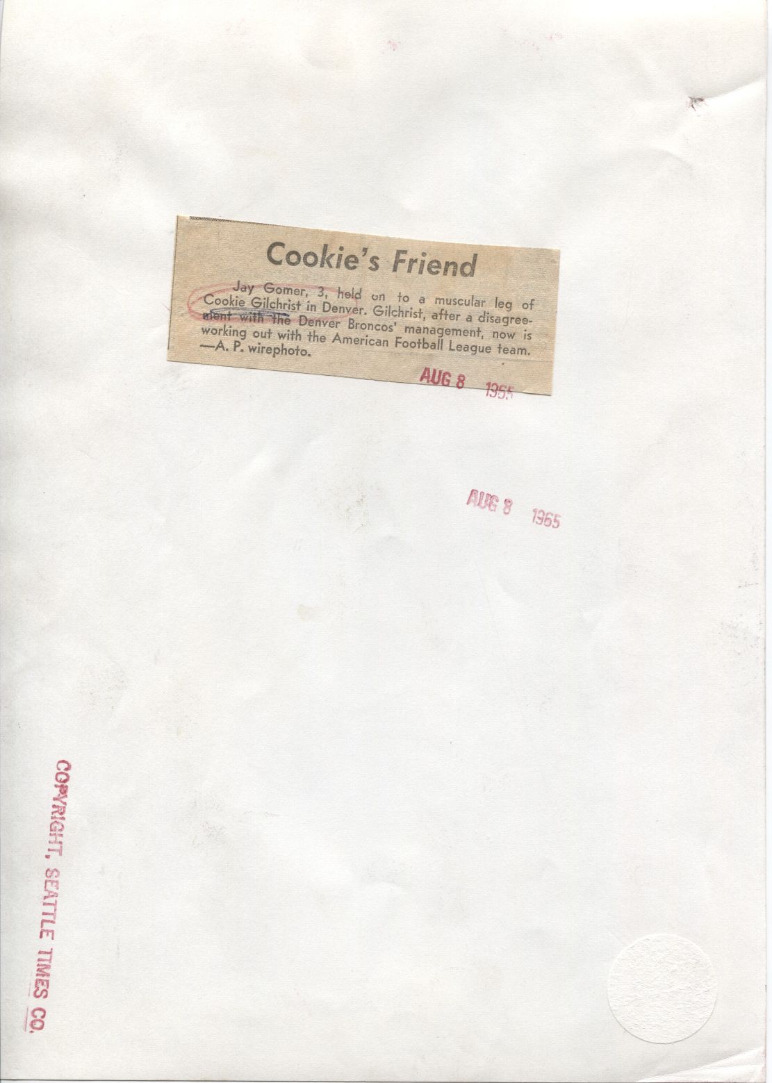 1965 Cookie Gilchrist Broncos AFL original photo with his Number One Fan