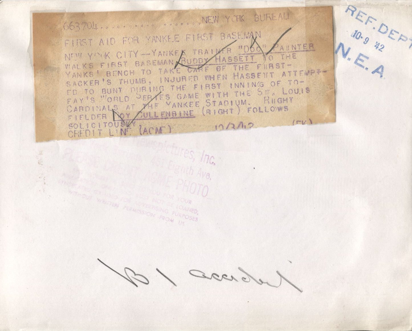 1942 Yankees Bud Hassett & Doc Painter World Series - original photo