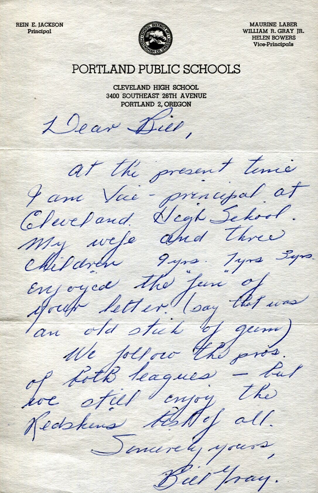 Bill Gray signed letter Washington Redskins D. 1978