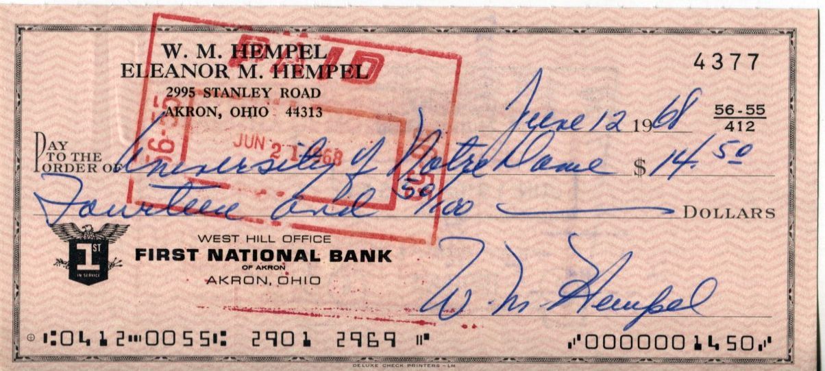 Bill Hempel signed check Chicago Bears Deceased