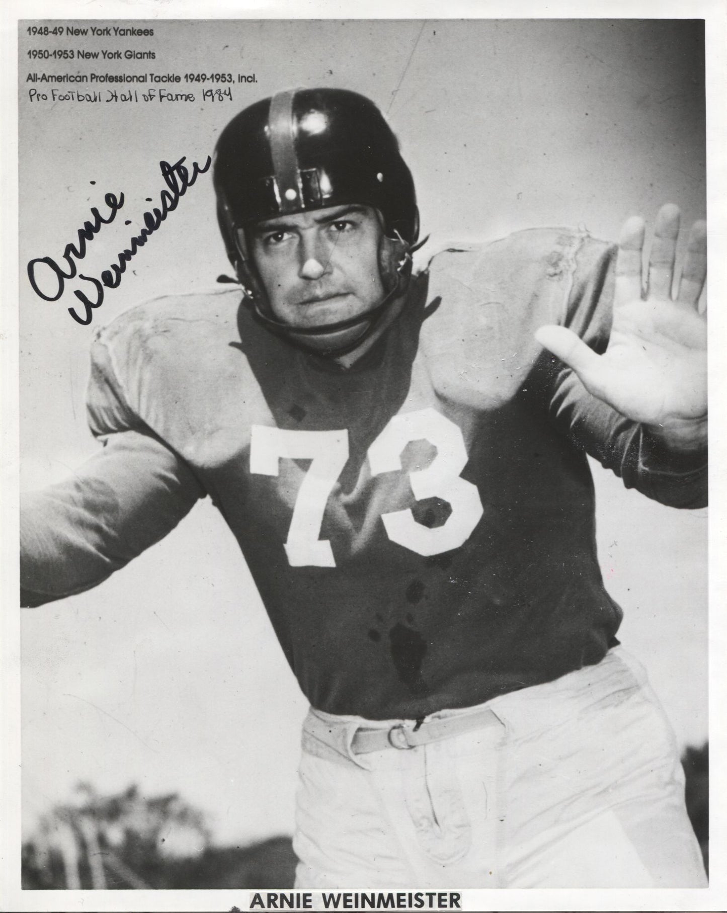 Arnie Weinmeister signed photo New York Giants FB HOF