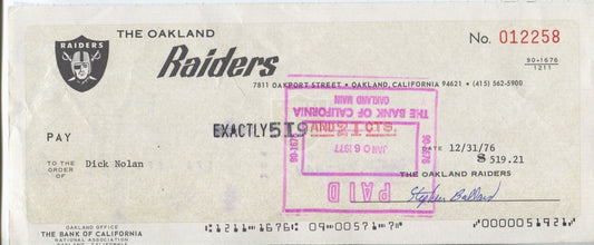 Dick Nolan signed 1976 Oakland Raiders payroll check - 49ers Saints