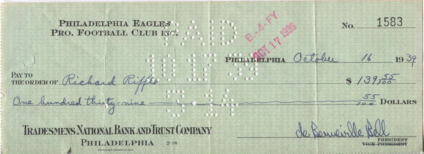 Bert Bell D.1959 HOF signed Eagles payroll check to Dick Riffle D.1981