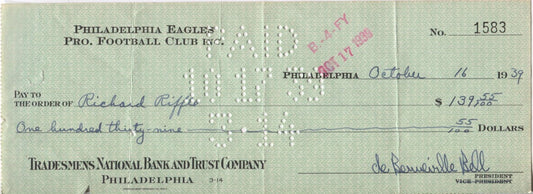 Bert Bell D.1959 HOF signed Eagles payroll check to Dick Riffle D.1981